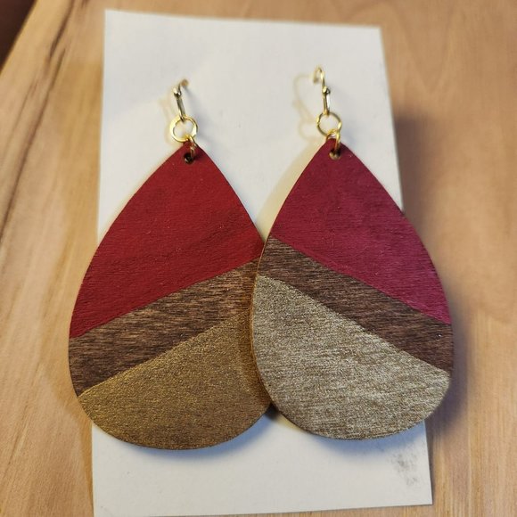 Earrings red gold teardrop wood - Picture 1 of 4